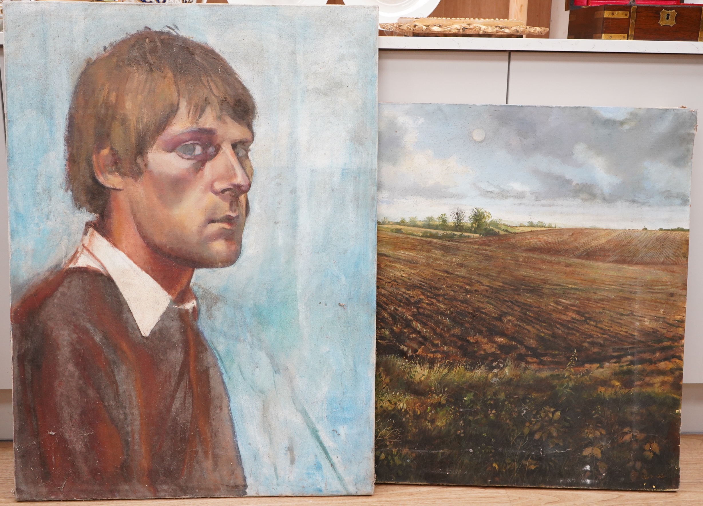 Chris Deakin (1946-2007), Rural landscape and Portrait of a young gentleman, one signed, two Modern British oils on canvas, unframed, largest 77 x 111cm